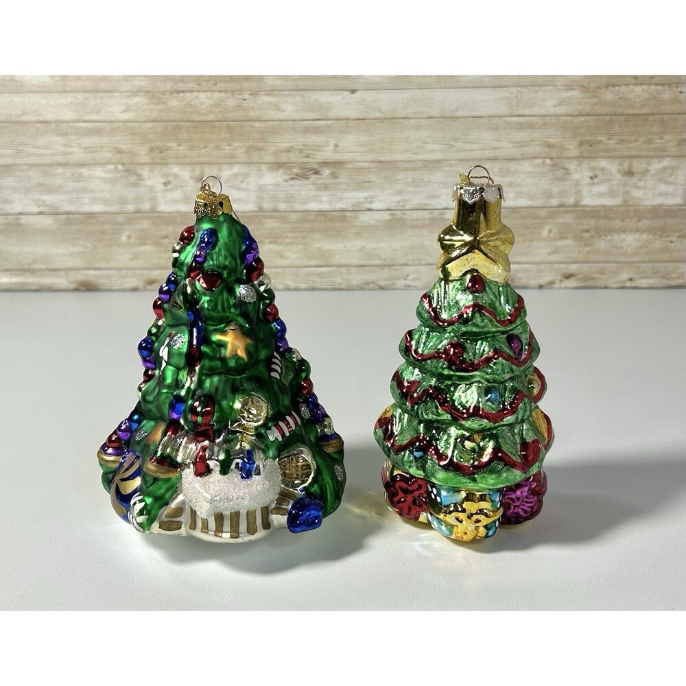Vintage Lot of 2 Glass Hand Painted Decorated Trees Presents Christmas Ornaments